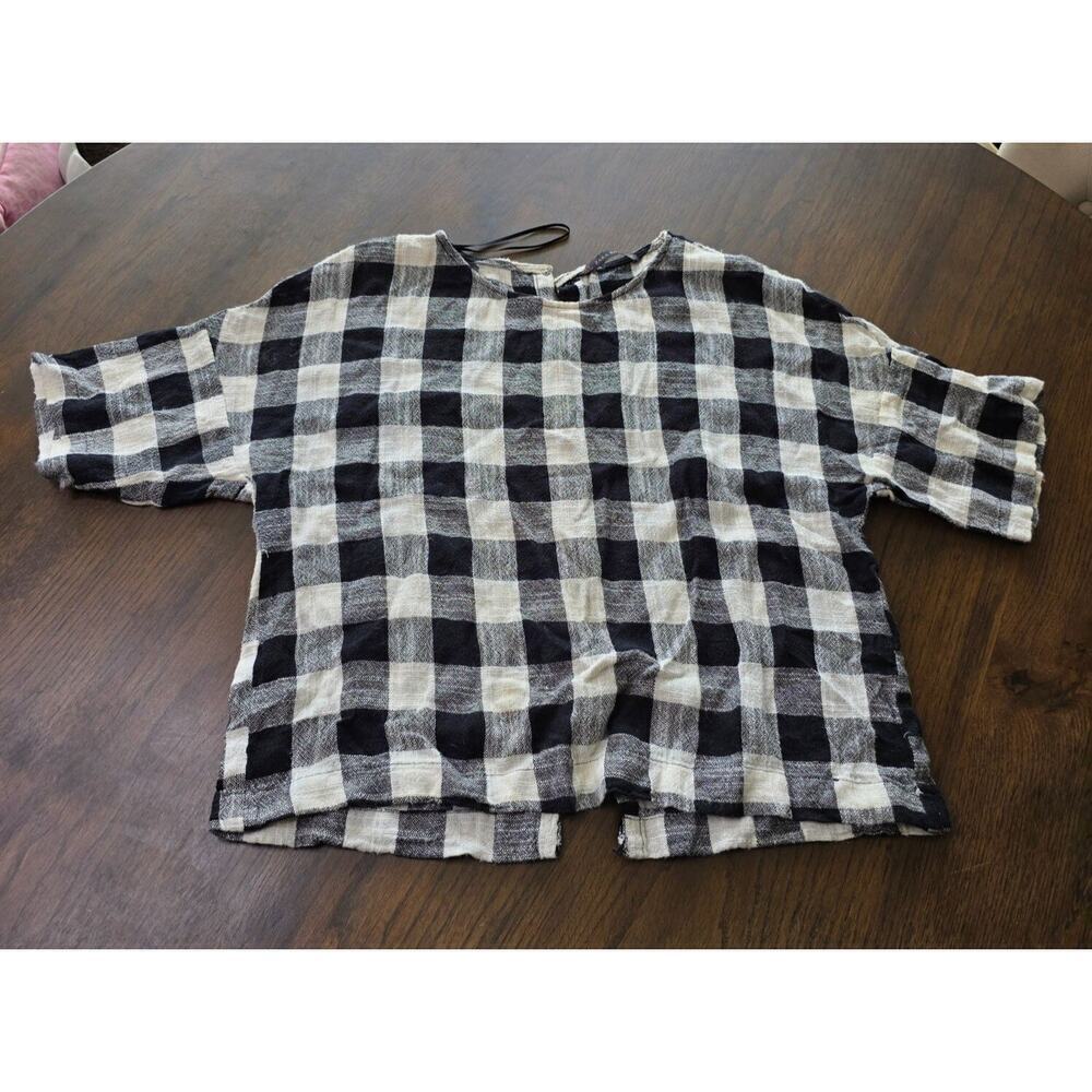 Zara Black & White Plaid Loose-Fit Short Sleeve Top size Small